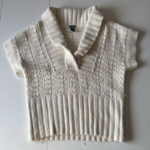 Ann Taylor White Angora Wool Blend Cardigan Sweater Shirt Collared Short Sleeve
